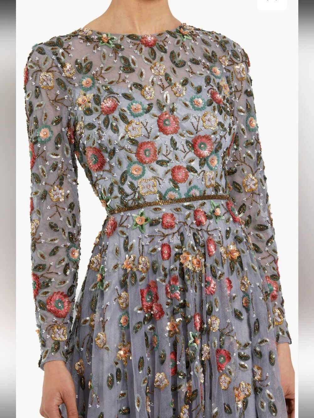 Max Duggal Embellished Floral Mesh Long-Sleeve Dress in Gray multi